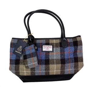 Harris Tweed British Green Handwoven Plaid Tote Bag Leather Trim